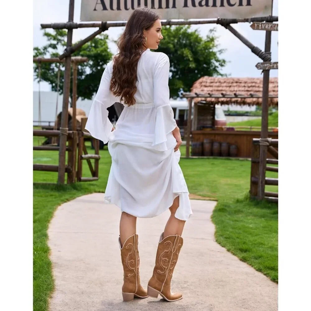 Women's Brown Mid Calf Cowgirl Pointed Toe Chunky Heel Fashion Cowboy Boots